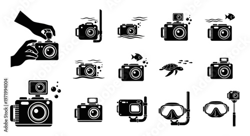 Underwater Camera Icons: Photography, Snorkeling, Diving, Action Cam, Turtle
