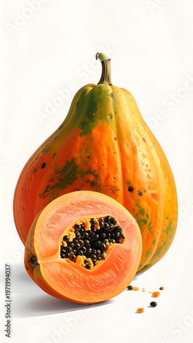 A cut orange-fleshed fruit with black seeds