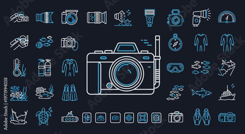 Underwater Photography Icons Collage: Camera, Scuba Gear, Marine Life, Equipment