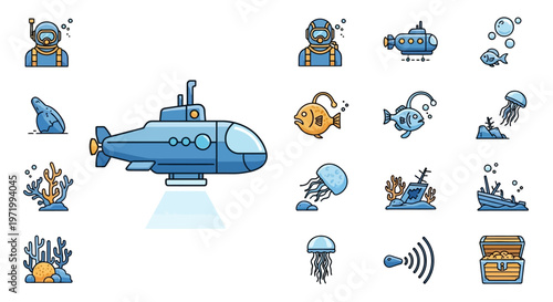 Underwater Exploration Icons: Submarine, Diver, Marine Life, Treasure