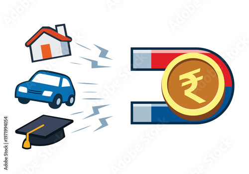 Magnet attracting rupee coin with house car and graduation cap representing financial power and investment goals