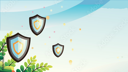 A vector graphic illustration of shields floating in the air with leaves and confetti
