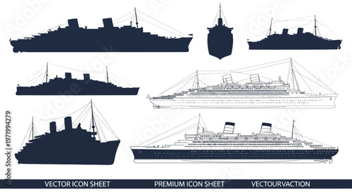 Vintage Ocean Liner Silhouettes and Line Art