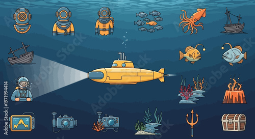 Yellow Submarine Exploring Underwater World with Divers and Marine Life