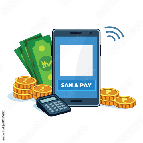 Smartphone with SAN & PAY screen surrounded by rupee coins currency notes and calculator representing mobile payment