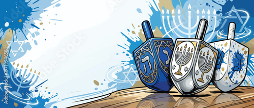 Hanukkah Dreidels with Elegant Festive Atmosphere and Menorah Symbolism