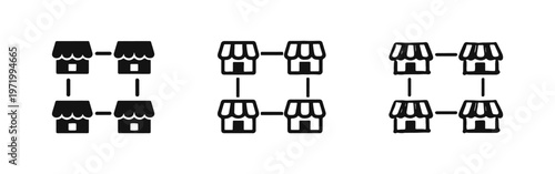 Retail Network Franchise Icon Set - Interconnected Chain Stores Business Model Symbol
