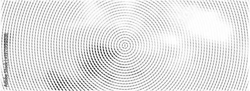 Abstract radial pixelated halftone pattern. Circular pixel explosion background. Rotating scattered dot dashed texture overlay bg. Vector radial spinning backdrop. Fading rectangle fragment wallpaper