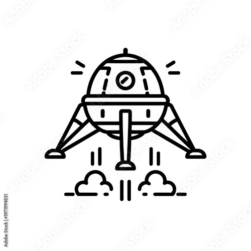 Sleek outline icon representing a lunar landing module during takeoff, symbolizing space exploration, aerospace missions, and extraterrestrial journeys with its exhaust trail
