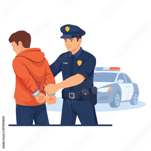 Police officer handcuffing suspect in red hoodie with patrol car in background