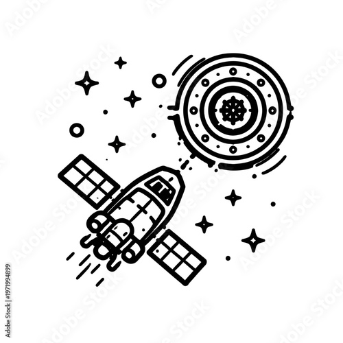 A sleek satellite orbits a celestial body against a backdrop of twinkling stars, illustrating the wonders of space exploration and cosmic discovery