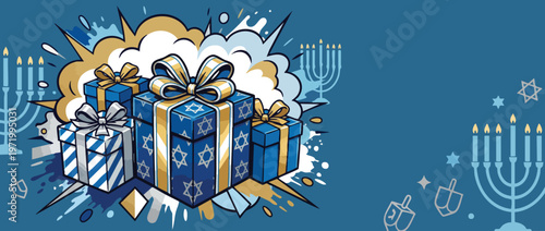 Hanukkah Gift Boxes with Comic Flash Accents and Festive Menorahs