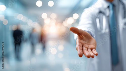 Doctor extending open hand, offering help and welcome in medical hallway