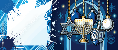 Hanukkah Ornaments Hanging with Menorah Star of David Dreidel Festive Lighting