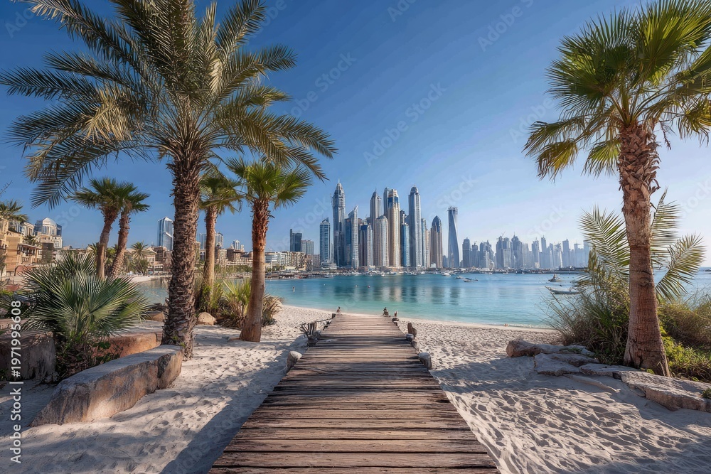 Obraz premium Sunny beach with palm trees and city skyline across water