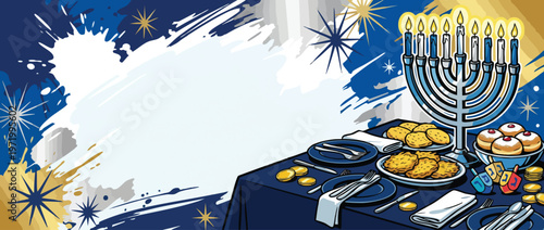 Hanukkah Table Setting with Menorah Latkes and Donuts on a Blue Background