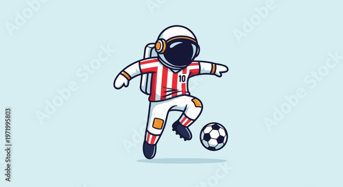 Astronaut playing soccer, cartoon style, space football game