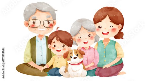 A family of four, including a dog, are sitting together on the floor