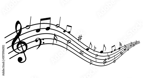 wavy musical notes on staff, black and white