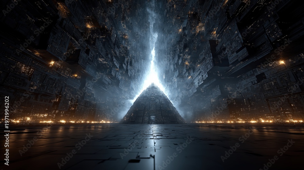 Obraz premium A glowing pyramid stands illuminated in a dark, futuristic, and intricate sci-fi environment with mysterious light beams and metallic textures.
