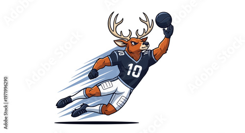 Cartoon Deer Athlete Playing American Football, Catching Ball