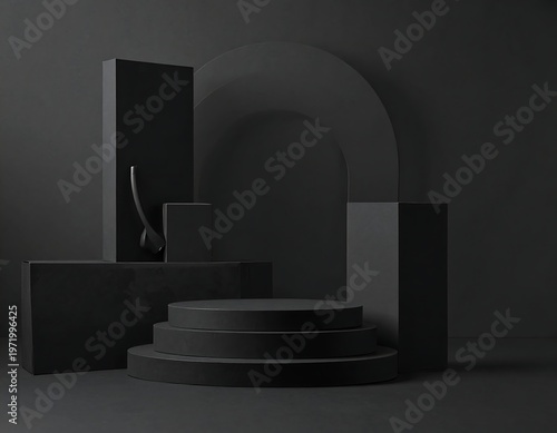 A dark room with geometric shapes and a minimalist aesthetic