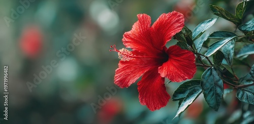 A vibrant red hibiscus flower blooms against a soft, blurred green background