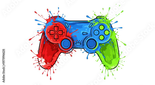 Vibrant Video Game Controller Splattered with Paint