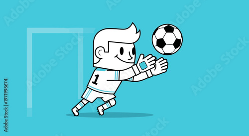 Cartoon Goalkeeper Jumping to Catch Soccer Ball in Goal