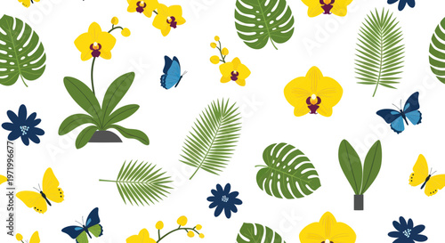 Exotic Orchid Flowers, Butterflies and Tropical Leaves Pattern - White Background