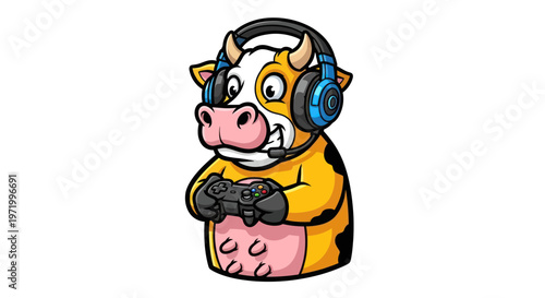 Funny cartoon cow wearing headphones and playing video games with a controller