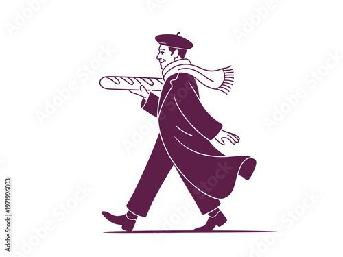 Man Walking With Long Loaf Of Bread Under Arm Wearing Beret And Scarf On White Background For Food Culture Concepts
