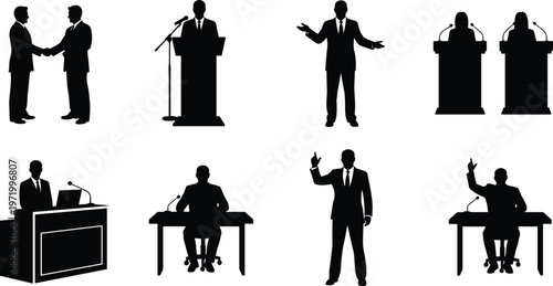 Business people and politicians silhouettes set including public speakers, presenters, and leaders for corporate seminars, political debates, and professional conferences.