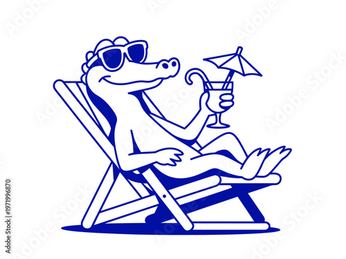 Crocodile Wearing Sunglasses Relaxing On Beach Chair With Cocktail For Summer Vacation Concepts