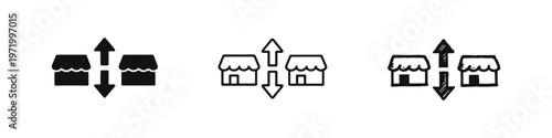 Two shops or stores with up and down arrows icon set, illustrating retail comparison or exchange.
