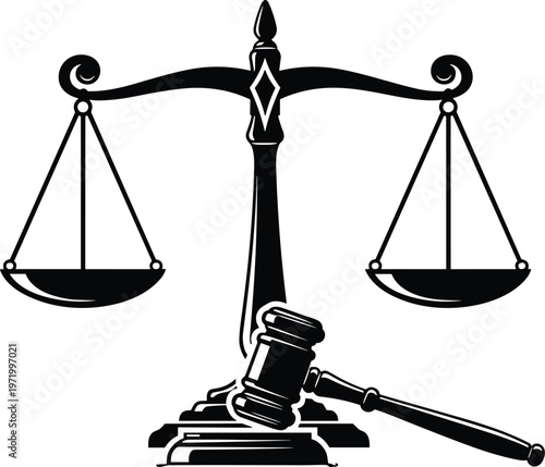 Flat vector illustration of balance scale and judge gavel, law symbol, justice equality, legal authority, courtroom fairness, judicial decision icon