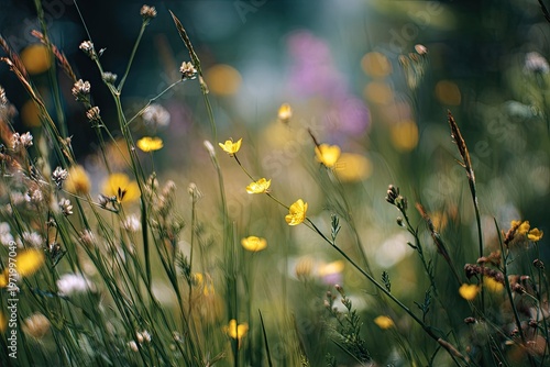 Delicate yellow wildflowers bloom in a sunlit meadow