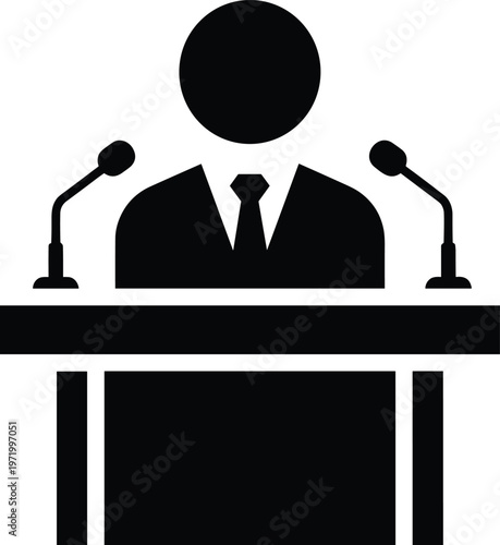 Flat vector illustration of businessman speaker silhouette behind podium with microphones, professional public speaking, leadership, communication, presentation icon