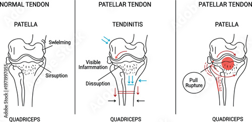Patellar Tendon Injury Diagram with Normal, Tendinitis and Rupture Conditions, Medical Illustration for Orthopedics, Sports Injuries, and Anatomy Education