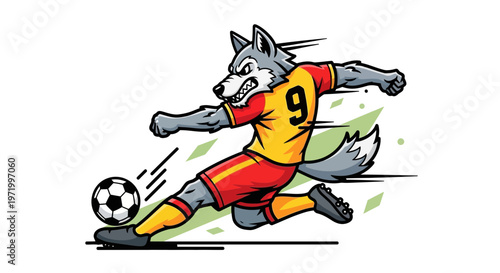 Cartoon wolf playing soccer, kicking ball, energetic, motion blur, sports mascot