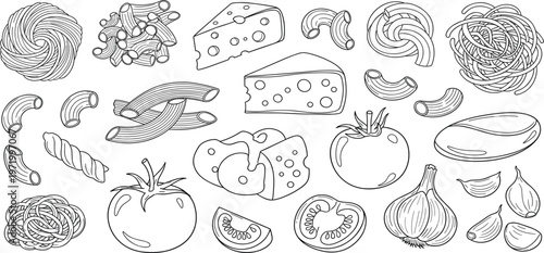 Pasta, Cheese and Tomato Collection with Italian Food Ingredients, Hand Drawn Line Art Illustration Set for Cooking, Kitchen Design, Menu, and Culinary Concepts