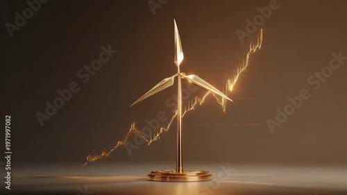 Golden Wind Turbine and Graph: A sleek golden wind turbine sculpture with a rising graph, illustrating the concept of renewable energy and economic growth.