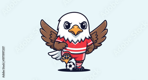 Cute Cartoon Eagle Mascot Playing Soccer, Sporty Bird Character with Football