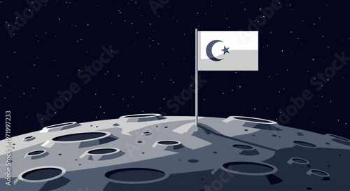 National Space Day scene with a flag on the moon's surface in outer space