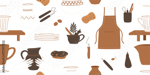 Pottery Studio Seamless Pattern with Ceramic Tools, Vases, Apron and Workshop Elements, Minimal Illustration for Handmade Craft, Artisan Design, and Creative Background