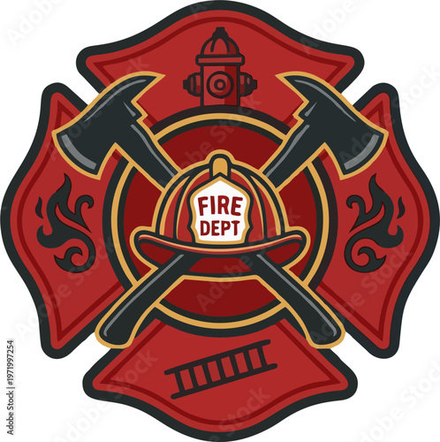 Fire Department Badge Emblem with Crossed Axes, Helmet and Hydrant
