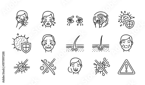 Allergy symptoms linear icons set vector illustration