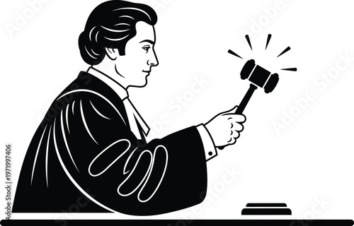 Flat vector illustration of judge with gavel striking sound block, justice authority, courtroom decision, law symbol, legal verdict icon
