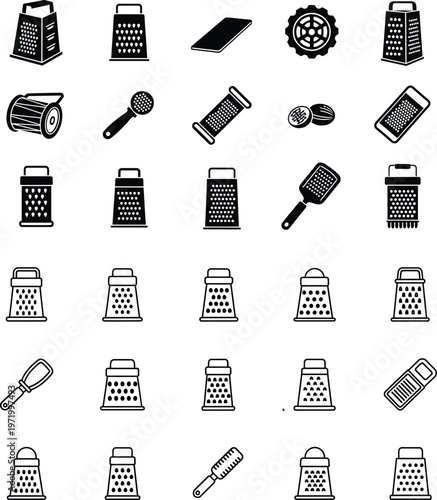 Selection of food grater icons, including box graters and rotary graters, food preparation