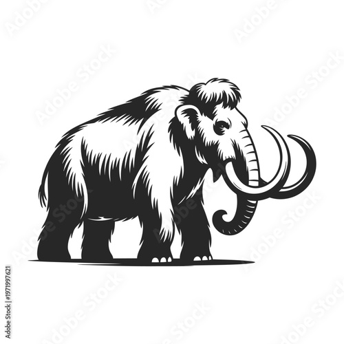 Vintage illustration of a woolly mammoth with curved tusks and thick fur